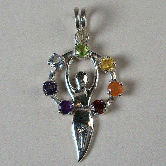 Goddess Mother Earth Chakra Pendant, Sterling Silver pendant with Chakra Gemstones