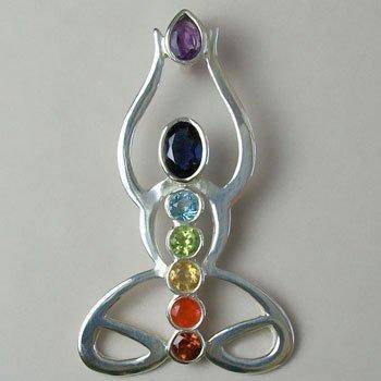 Chakra Lotus Yoga Pose Pendant, Sterling Silver pendant with Chakra Gemstones