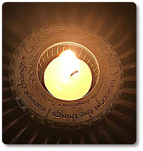 Mountain Valley Serenity Prayer candle ring with light