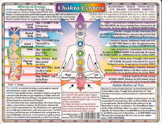 laminated chart of the 7 major chakra centers of body and spirit