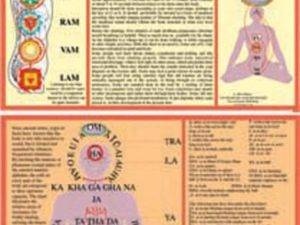 laminated chart of mantras in relation to chakras, body parts, spiritual and emotional healing