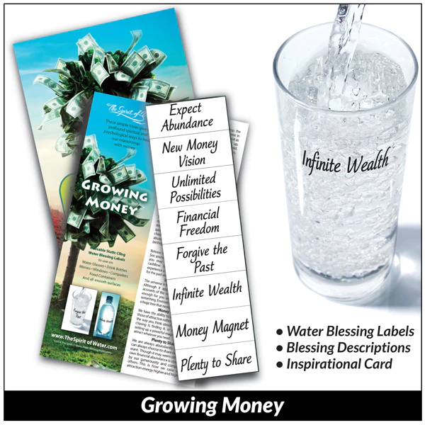 Growing Money static cling Water Blessings labels reminders include: Expect Abundance, New Money Visoin, Unlimited Possibilities, Financial Freedom, Forgive the Past, Infinite Wealth, Money Magnet, Plenty to Share. 