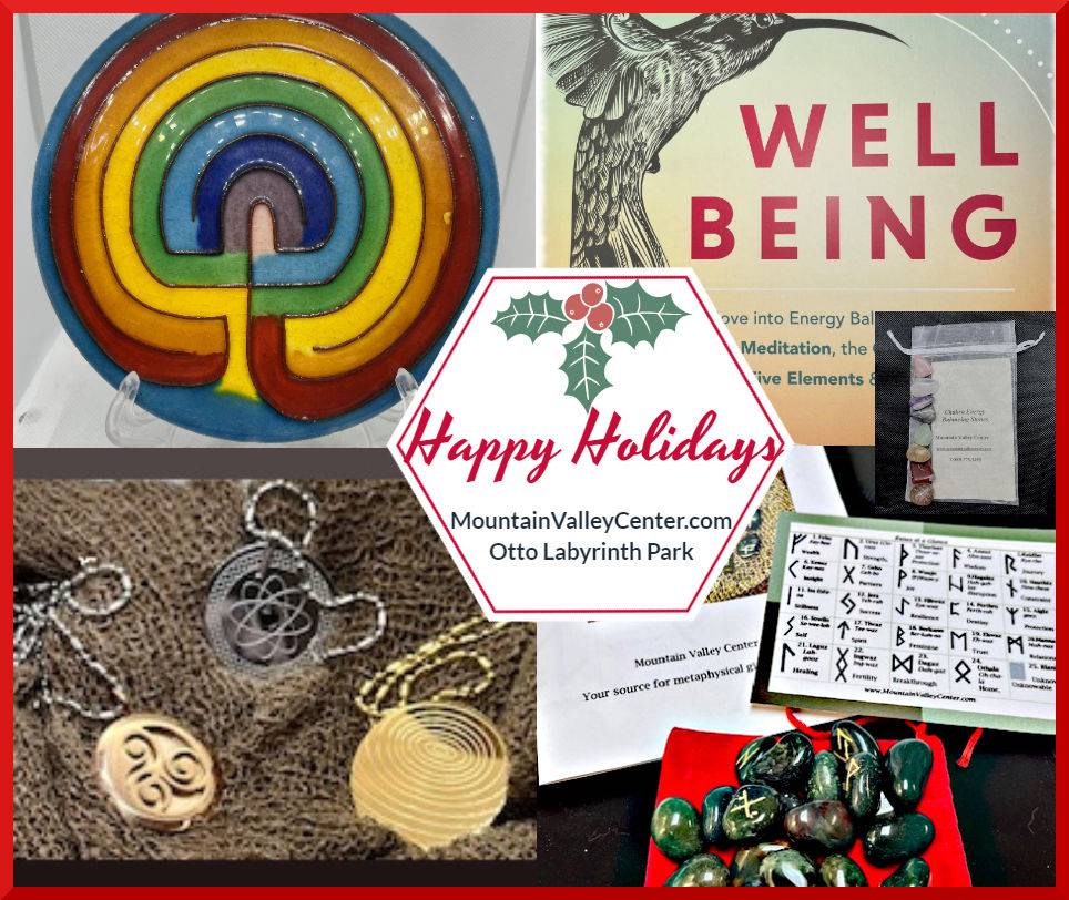 Holiday gifts from Mountain Valley Center - scalar energy pendants, rune stones, well-being book, Chakra Life Path Labyrinth and chakra stones