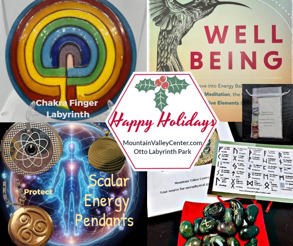 Holiday gifts from Mountain Valley Center - scalar energy pendants, rune stones, well-being book, Chakra Life Path Labyrinth and chakra stones