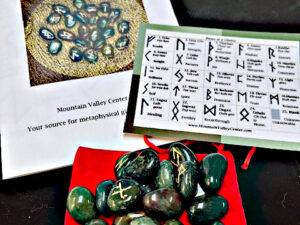 Bloodstone and Moss Agate Runes with reference card, booklet and 2 pouches